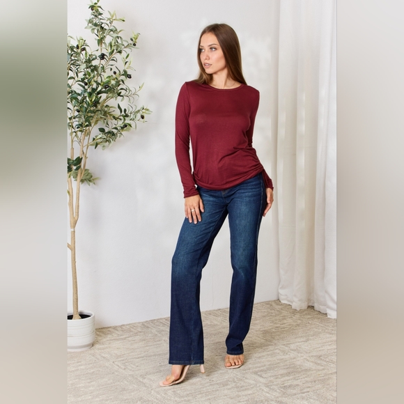 Culture Code Full Size Drawstring Round Neck Long Sleeve Wine Top - Picture 4 of 12